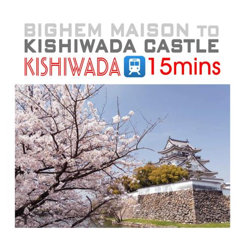 an image of a cherry tree with a castle in the background at Bighem Maison in Izumi-Sano