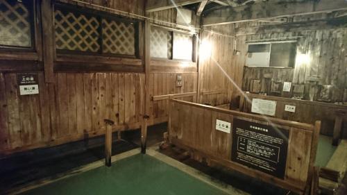 y vistas al interior de una cabaña de madera con suelo verde. en Yachi Onsen, en Towada