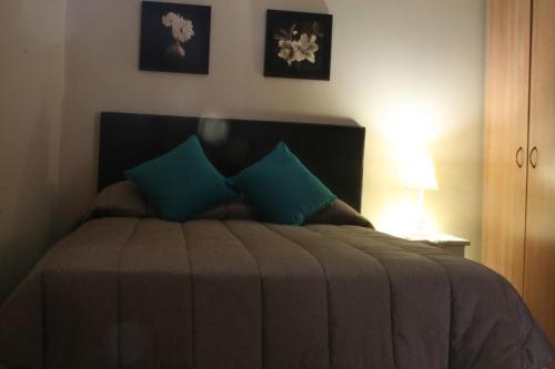 a bed with two blue pillows in a bedroom at Panorama Self Catering 2 in Panorama
