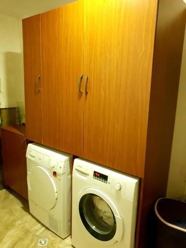 a washing machine and a washer in a kitchen at Nikolo Inn in Stepantsminda