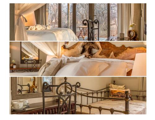 a collage of two pictures of a bedroom at Ukuthula Bush Lodge in Hoedspruit