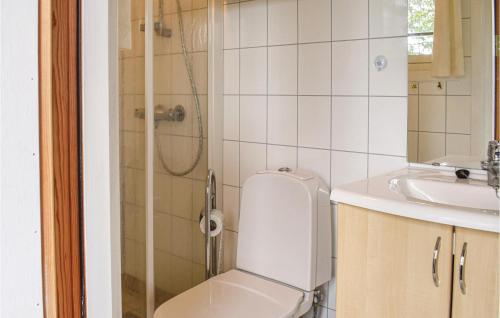 a bathroom with a toilet and a sink and a shower at Stunning Home In Sjusjen With Kitchen in Sjusjøen