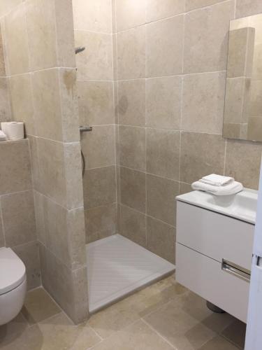ein Bad mit einer Dusche, einem WC und einem Waschbecken in der Unterkunft Villa Louise-Rose in Villeneuve-Loubet