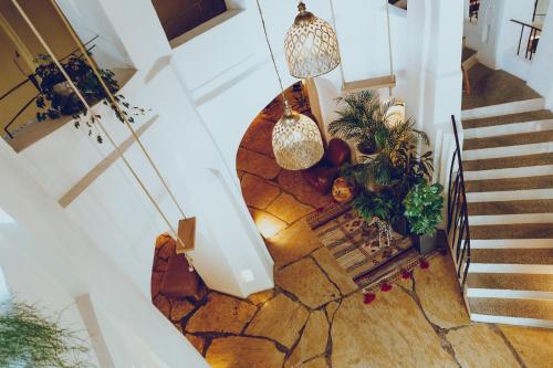 an overhead view of a staircase with potted plants at Botango in Parcines