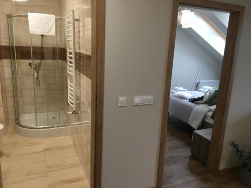 un bagno con cabina doccia accanto a una camera da letto di Apartament Silence Triventi Topaz a Karpacz