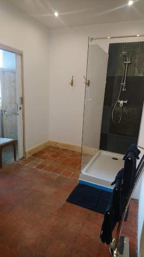 a shower with a glass door in a room at La Menuiserie in Épernay