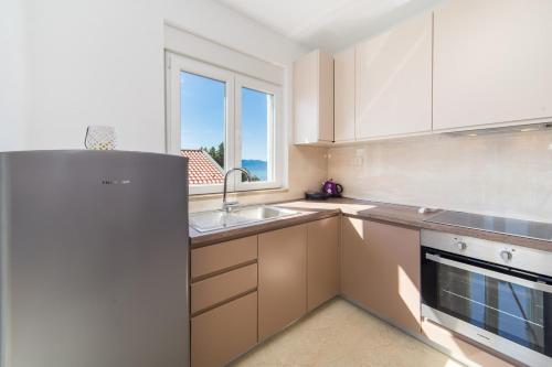 a kitchen with a refrigerator and a sink and a window at Apartments Zvonik in Brist