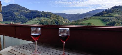 two glasses of red wine sitting on a balcony at Ferienwohnung Christa in Bad Peterstal-Griesbach