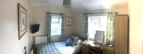 Schlafzimmer mit einem Bett, einem Schreibtisch und einem Fenster in der Unterkunft Manordaf B&B in St Clears