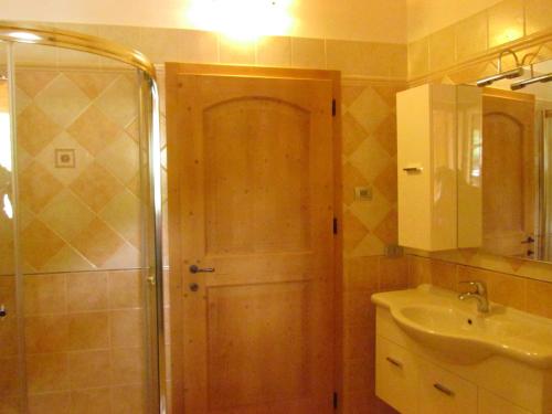 a bathroom with a shower and a sink and a door at Agritur Maso Bornie in Grauno