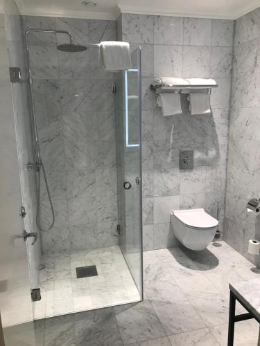 a bathroom with a shower and a toilet at Elite Stora Hotellet Örebro in Örebro