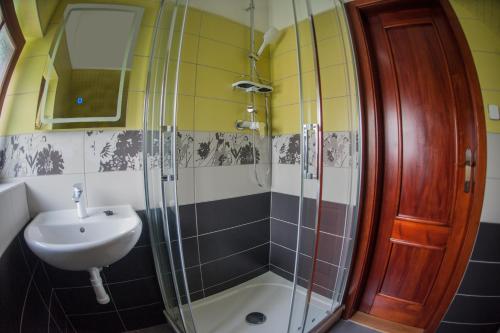a bathroom with a sink and a shower at Čerti Apartmány in Liberec