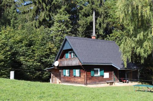 a log house with a black roof on a field at Gregor's Ferienhaus im Wald in Edelschrott