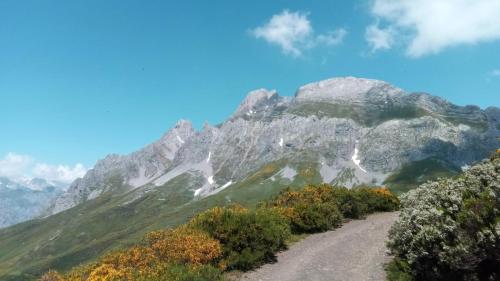 a mountain with a dirt road in front of it at Casa Rural Cares in Santa Maria de Valdeón
