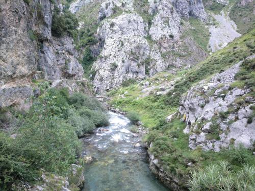 a river in a canyon with a rocky mountain at Casa Rural Cares in Santa Maria de Valdeón
