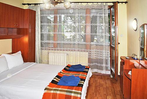 a bedroom with a bed and a large window at Family hotel Zora in Sofia