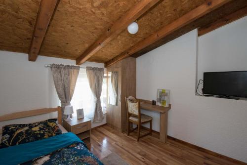a bedroom with a bed and a desk and a tv at OPG HORVAT SOBE ZA ODMOR in Daruvar