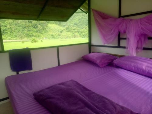 a purple bed in a room with a window at Samoeng fishing park home stay in Samoeng