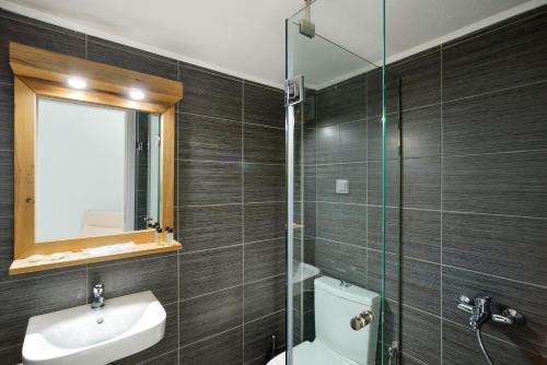 a bathroom with a sink and a toilet and a mirror at Katerina Apartments in Kato Daratso