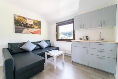 a living room with a couch and a kitchen at North Loop Rooms in Adenau