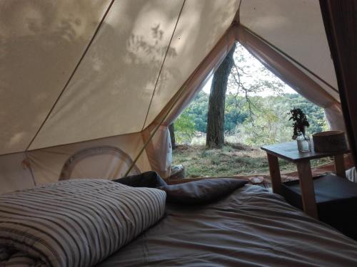 a bed in a tent with a window at Rifugio Manfre Bivouac Tent in Belpasso