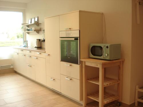 une cuisine avec un four micro-ondes installé sur une étagère avec un four micro-ondes dans l'établissement Ferienwohnung am Schöhsee, à Plön