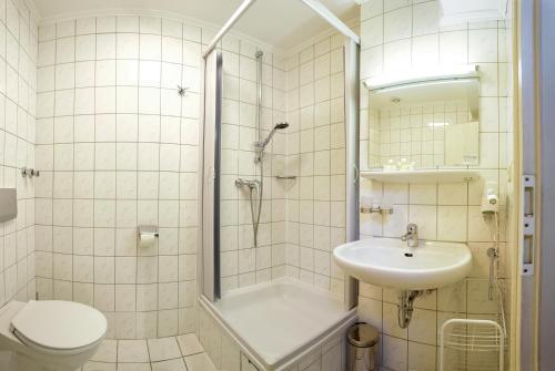 a bathroom with a shower and a sink and a toilet at Hotel Bürgerhof in Cologne