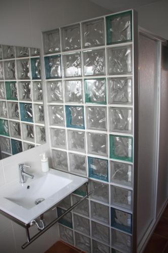 baño con lavabo y pared de paneles de cristal en CASA RURAL EL ARRIERO, en Zahara de la Sierra