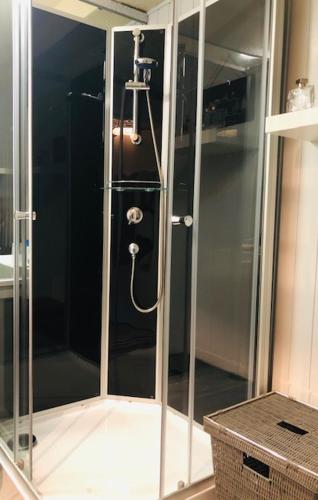 une douche avec une porte vitrée dans une salle de bain dans l'établissement Charmant studio Mont Dore, à Le Mont-Dore