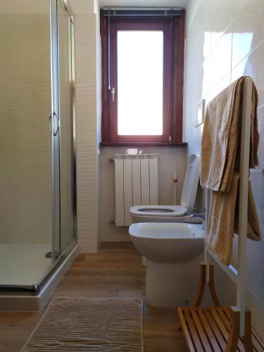 a bathroom with a toilet and a window and a shower at Casa Violina in San Pietro Avellana
