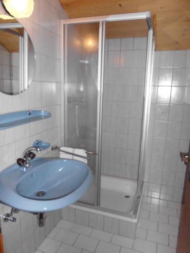 a bathroom with a shower and a blue sink at Josef Pixner in Sölden