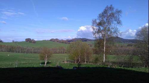 a green field with trees and mountains in the background at Novohradský ráj aneb Oáza klidu na samotě u lesa in Benešov nad Černou