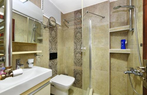 La salle de bains est pourvue d'une douche, de toilettes et d'un lavabo. dans l'établissement Kale Suite, à Istanbul