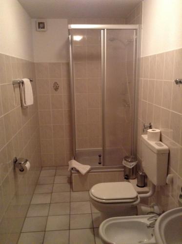a bathroom with a shower and a toilet and a sink at Hotel Zum Stresemann in Göttingen