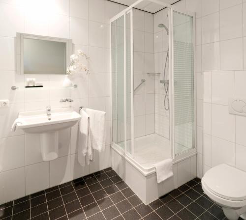 a bathroom with a shower and a toilet and a sink at Appartementen Hotel Geuldal in Epen