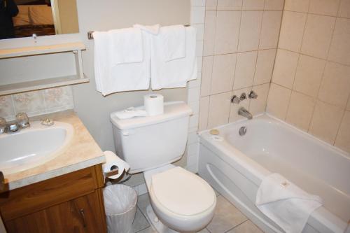 Hope Inn and Suites في هوب: حمام مع مرحاض وحوض استحمام ومغسلة