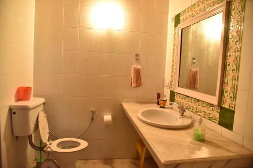 W łazience znajduje się toaleta, umywalka i lustro. w obiekcie Serene, Dehra Dun w mieście Dehradun