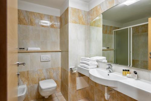 a bathroom with a sink and a toilet and a mirror at Record Hotel in Settimo Torinese