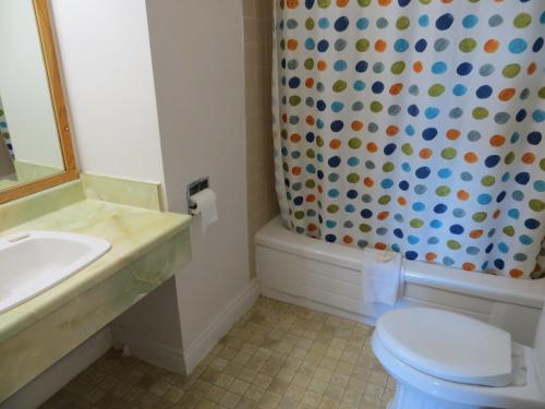 a bathroom with a toilet and a shower curtain at Westgate Inn in Edmonton