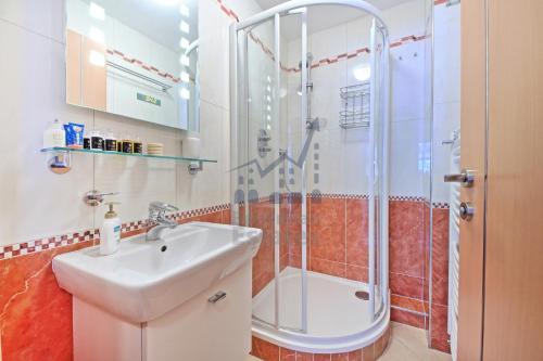 y baño con lavabo y ducha. en St. Peter Apartment en Špindlerův Mlýn