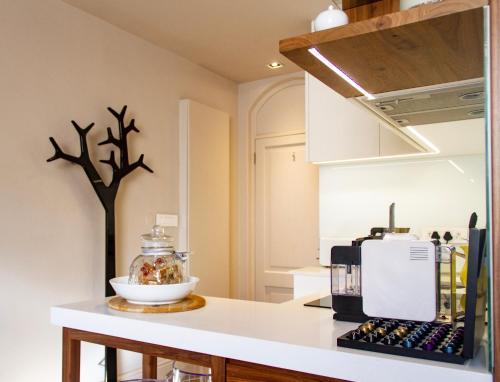 a kitchen with a white counter top with a tree at Nicara to Akker Collective in Stellenbosch