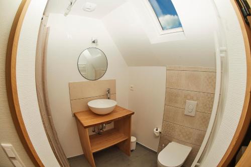 un baño con lavabo y espejo en La Forge, en Ringendorf