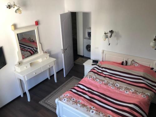Schlafzimmer mit einem Bett und einem Spiegel in der Unterkunft Downtown Apartment in Suceava