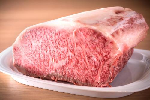 a piece of meat sitting on a plate on a table at Hotel Miyajima Villa in Miyajima