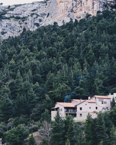 a house on a hill in front of a mountain at Guesthouse Vasiliki in Stení Dhírfios