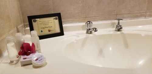 a bathroom sink with a framed picture and a candle on it at Island Safari Lodge in Maun