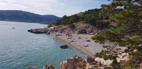 a group of people on a beach in the water at Ruza Apartmani in Draga Bašćanska