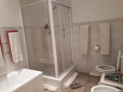 a bathroom with a shower and a toilet and a sink at Bougain Villa Guesthouse in Prince Albert