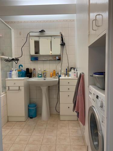 ein Badezimmer mit einem Waschbecken und einer Waschmaschine in der Unterkunft Jolie chambre privée à Paris dans appart de 75m2 in Paris
