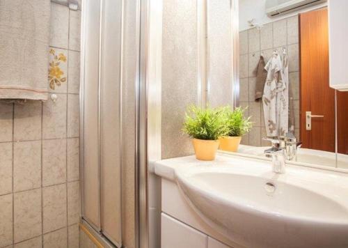 a bathroom with a sink and a mirror and a shower at Ferienwohnung Hilleseeblick in Winterberg